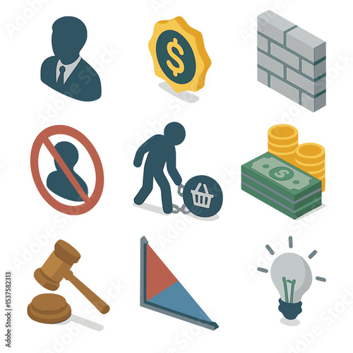 Monopoly Dynamics Icons. Isometric Flat icon set of Monopoly power dynamics: single seller silhouette, price setter badge, barrier
