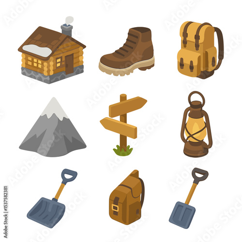 Mountain Adventure Icons. Isometric Flat icon set of Mountain refuge hut: stone foundation, wood logs, chimney smoke, hiking boot,