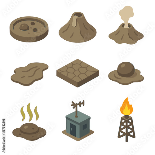 Mud Volcano Icons. Isometric Flat icon set of mud volcano landscapes: bubbling mud pool, conical mound, gas vent, clay flow,