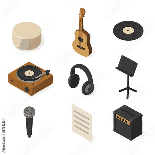 Music Lounge Icons. Isometric Flat icon set of Music lounge corner: pouf seat, acoustic guitar, vinyl record, record player,