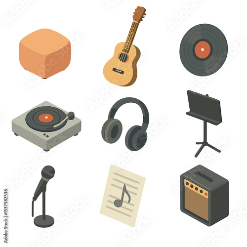 Music Lounge Icons. Isometric Flat icon set of Music lounge corner: pouf seat, acoustic guitar, vinyl record, record player,