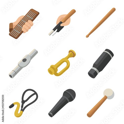 Musical Instrument Grips Grid. Isometric Flat icon set of musical instrument grips: guitar neck grip, violin bow frog, drumstick