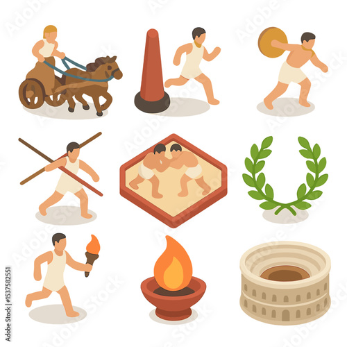 Mythic Games Icon Set. Isometric Flat icon set of Mythic games and rituals: chariot race, foot race marker, discus, javelin,