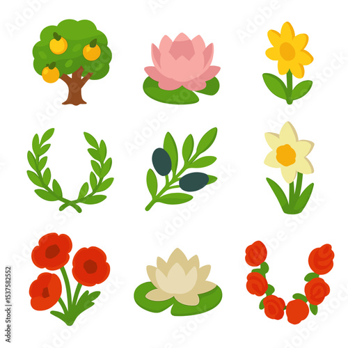 Mythical Flora Icons. Isometric Flat icon set of Mythical flora: golden apple tree, lotus blossom, ambrosia flower, laurel wreath,