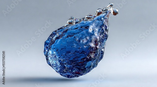   A blue glass sits atop a white surface, with droplets of water glistening on top