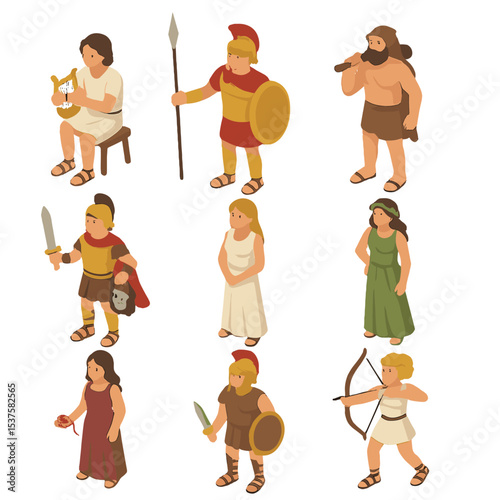 Mythical Heroes Icons. Isometric Flat icon set of Mythological heroes: Orpheus, Achilles, Hercules, Perseus, Helen of Troy,