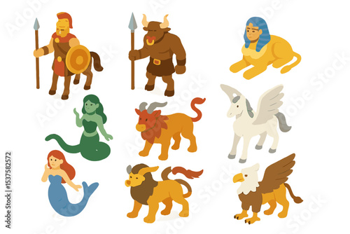 Mythical Beings Icons. Isometric Flat icon set of mythical beings: centaur warrior, minotaur sentinel, sphinx riddler, cyclops