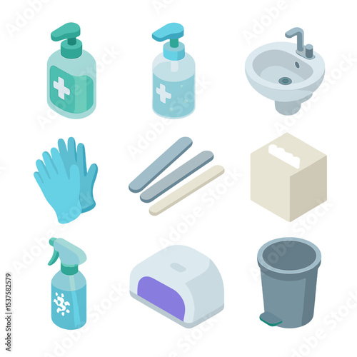 Nail Hygiene Icons. Isometric Flat icon set of nail hygiene essentials: antibacterial soap, sanitizer pump, hand wash basin,