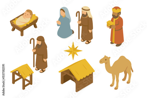Nativity Scene Icons. Isometric Flat icon set of nativity scene figures: baby Jesus crib, Mary figure, Joseph figure, shepherd,