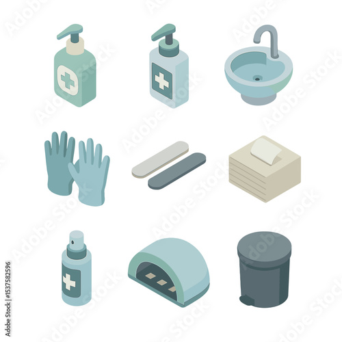Nail Hygiene Icons. Isometric Flat icon set of nail hygiene essentials: antibacterial soap, sanitizer pump, hand wash basin,