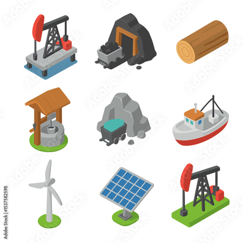 Natural Resource Icons. Isometric Flat icon set of Natural resource extraction: oil rig, coal mine, lumber log, water well,