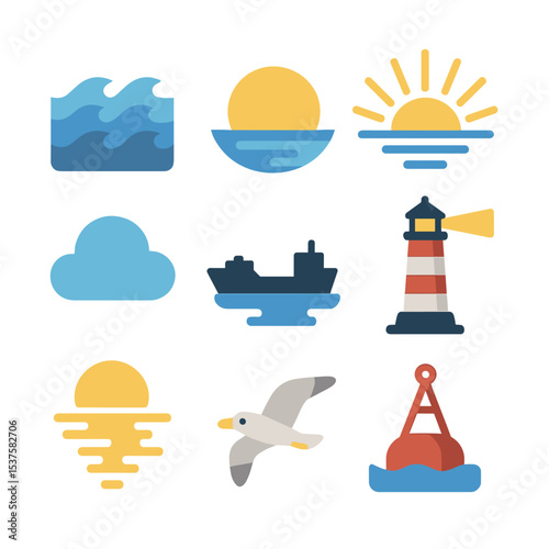 Oceanic Icon Grid. Isometric Flat icon set of sun rays illuminating ocean horizon: ocean waves, sun disc, sunbeam, cloud, ship