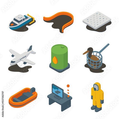 Oil Spill Response Icons. Isometric Flat icon set of Oil spill response: skimmer vessel, containment boom, sorbent pad, dispersant