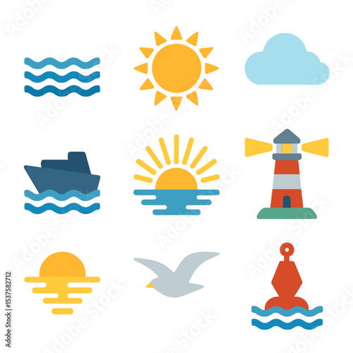 Oceanic Icon Grid. Isometric Flat icon set of sun rays illuminating ocean horizon: ocean waves, sun disc, sunbeam, cloud, ship