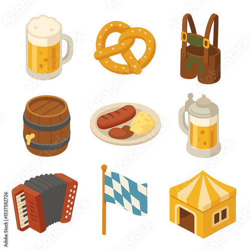 Oktoberfest Icon Set. Isometric Flat icon set of Oktoberfest: beer mug, pretzel, lederhosen, beer barrel, sausage plate, beer