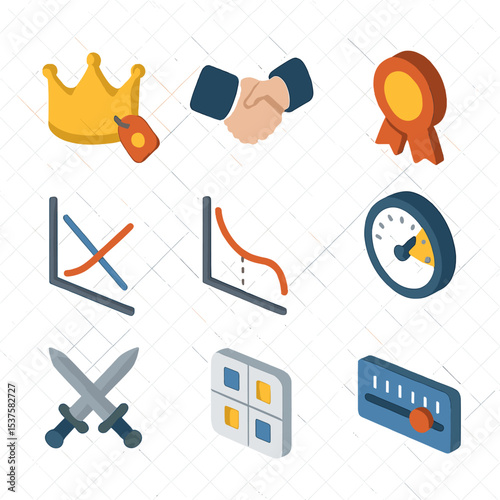 Oligopoly Strategy Icons. Isometric Flat icon set of Oligopoly firm strategies: price leadership crown, tacit collusion handshake,