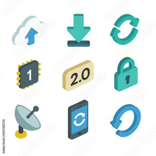 OTA Software Update Icons. Isometric Flat icon set of Over-the-Air Software Updates: cloud upload, download arrow, update progress
