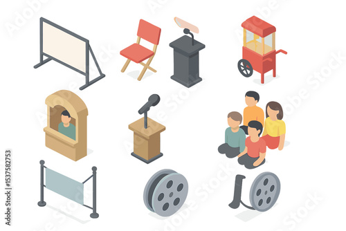 Outdoor Cinema Icons. Isometric Flat icon set of community outdoor cinema events: projection screen, folding chair, popcorn cart,