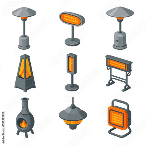 Outdoor Heater Icons. Isometric Flat icon set of outdoor heater styles: patio mushroom heater, tabletop infrared heater, propane