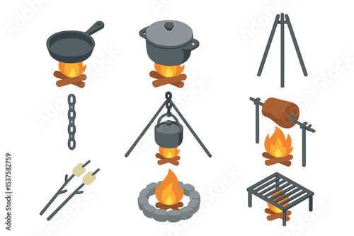 Outdoor Cooking Icon Set. Isometric Flat icon set of outdoor cooking over open fire: cast iron skillet, cooking pot, tripod stand,