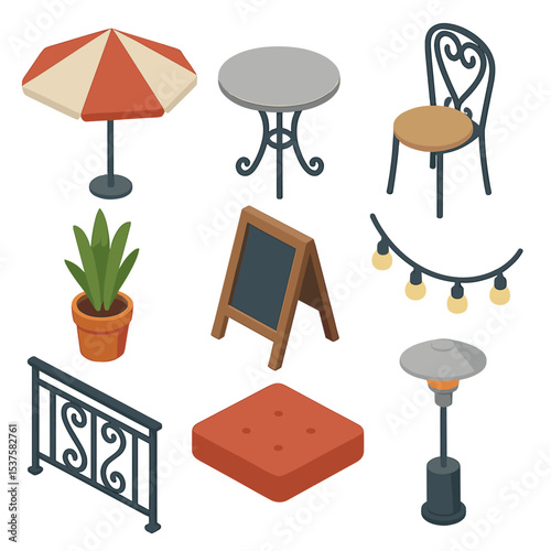 Outdoor Seating Icons. Isometric Flat icon set of Outdoor Seating and Patio: patio umbrella, wrought iron table, bistro chair,