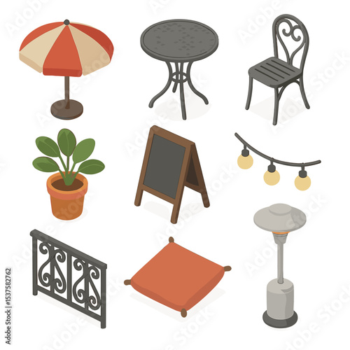 Outdoor Seating Icons. Isometric Flat icon set of Outdoor Seating and Patio: patio umbrella, wrought iron table, bistro chair,