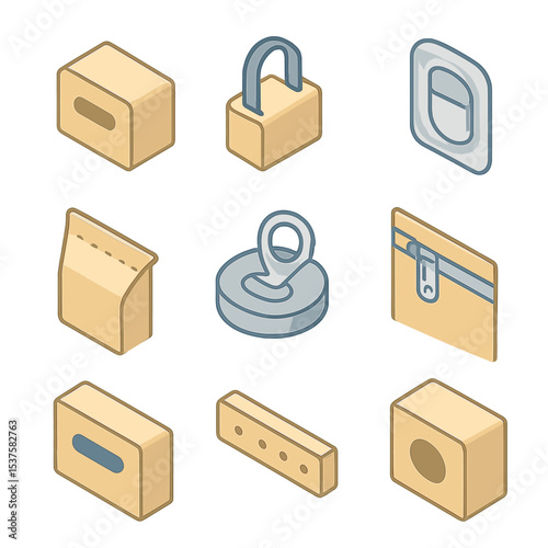 Packaging Handholds Icons. Isometric Flat icon set of packaging handholds: corrugated cutout handle, plastic strap loop, blister