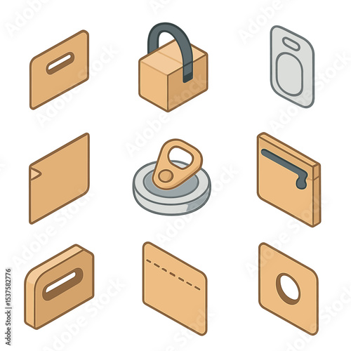 Packaging Handholds Icons. Isometric Flat icon set of packaging handholds: corrugated cutout handle, plastic strap loop, blister
