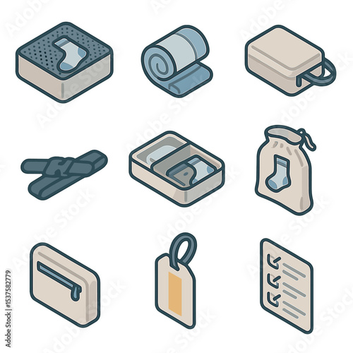 Isometric Packing Icons Set. Isometric Flat icon set of sock travel and packing: packing cube, rolled sock, travel pouch,