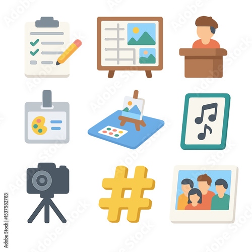 Painting Workshop Icons. Isometric Flat icon set of painting workshop organization: signup sheet, schedule board, instructor