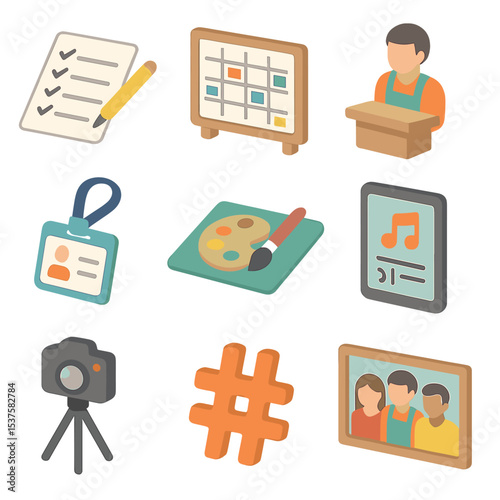 Painting Workshop Icons. Isometric Flat icon set of painting workshop organization: signup sheet, schedule board, instructor