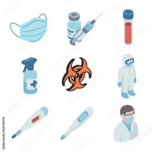 Pandemic Response Icons. Isometric Flat icon set of Pandemic health response: medical mask, vaccine vial, syringe, test tube,