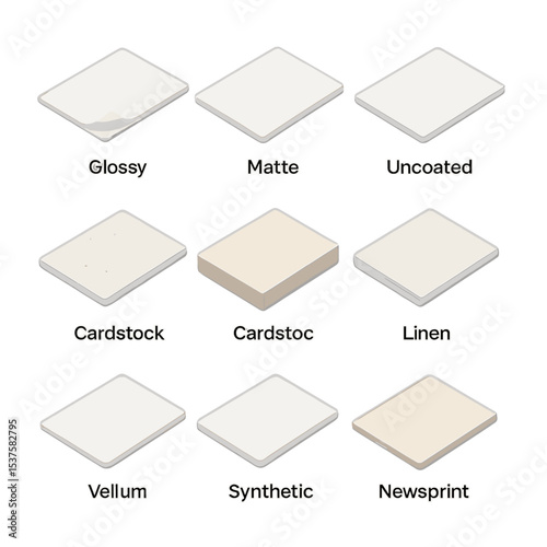 Paper Types Icon Set. Isometric Flat icon set of paper types: glossy stock, matte stock, uncoated paper, recycled paper, cardstock