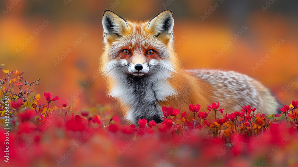 Fototapeta premium A red fox rests quietly among vibrant autumn flowers, capturing the essence of wild elegance and the peaceful rhythm of nature. Vertical composition with soft natural light and rich seasonal colors.