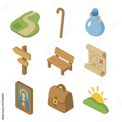 Pilgrimage Icon Set. Isometric Flat icon set of Pilgrimage to Sacred Spring: winding path, pilgrim staff, water flask, guidepost,