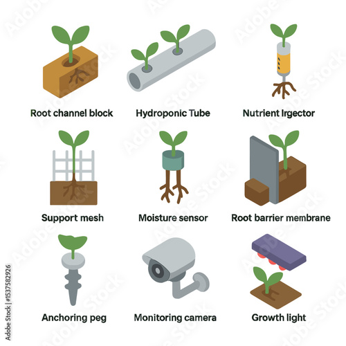 Plant Integration Icons. Isometric Flat icon set of plant-root integration systems: root channel block, hydroponic tube, nutrient