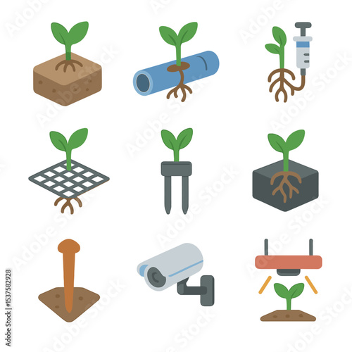 Plant Integration Icons. Isometric Flat icon set of plant-root integration systems: root channel block, hydroponic tube, nutrient