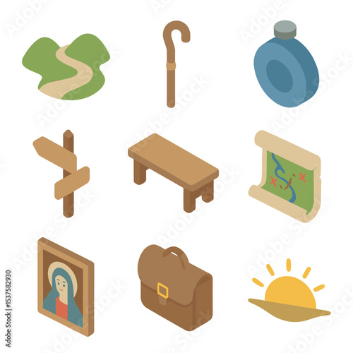 Pilgrimage Icon Set. Isometric Flat icon set of Pilgrimage to Sacred Spring: winding path, pilgrim staff, water flask, guidepost,