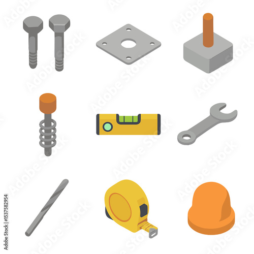 Playground Equipment Icons. Isometric Flat icon set of Playground Equipment Installation: mounting bolts, anchor plate, concrete