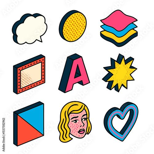 Pop Art Icon Grid. Isometric Flat icon set of pop art collage pieces: comic speech bubble, halftone dot, bright paper cutout,