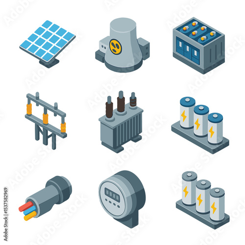Power Generation Icons. Isometric Flat icon set of power generation and distribution: solar array, nuclear reactor core, battery