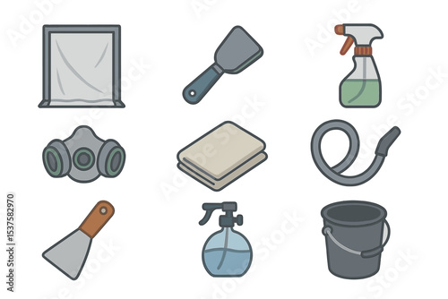 Popcorn Ceiling Removal Icons. Isometric Flat icon set of popcorn ceiling removal: protective sheet, scraper tool, spray bottle,