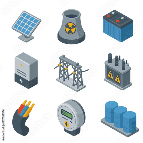 Power Generation Icons. Isometric Flat icon set of power generation and distribution: solar array, nuclear reactor core, battery
