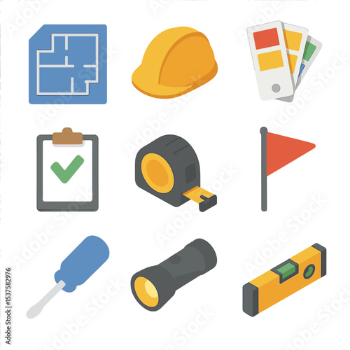 Post-Renovation Icon Set. Isometric Flat icon set of post-renovation walkthrough: blueprint document, safety helmet, paint swatch