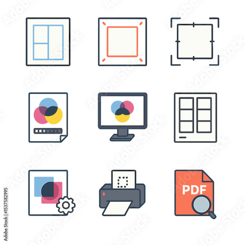 Prepress Task Icons. Isometric Flat icon set of prepress tasks: page layout, bleeds marker, trim marks, color proof, soft proof