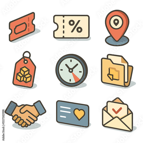 Price Discrimination Icons. Isometric Flat icon set of Price discrimination tactics: first-degree ticket stub, coupon voucher,