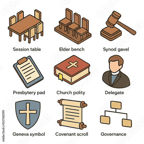 Presbyterian Governance Icons. Isometric Flat icon set of Presbyterian governance signs: session table, elder bench, synod gavel,
