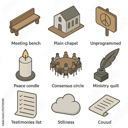 Quaker Meeting Icons. Isometric Flat icon set of Quaker meeting elements: silent meeting bench, plain chapel, earthen floor,