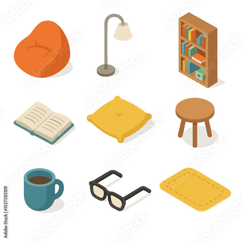 Reading Nook Icons. Isometric Flat icon set of Reading nook corner: bean bag, floor lamp, bookshelf, open book, cushion, side