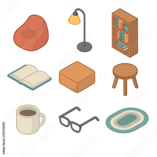 Reading Nook Icons. Isometric Flat icon set of Reading nook corner: bean bag, floor lamp, bookshelf, open book, cushion, side
